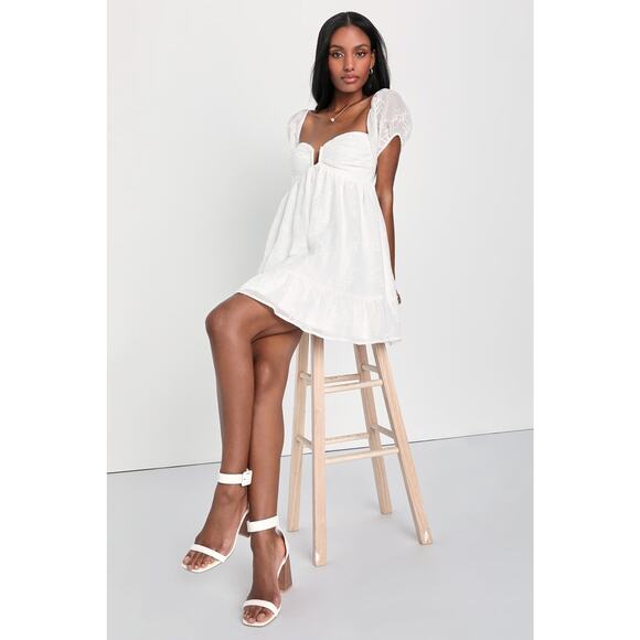 NWT Lulus Cutest Icon White Embroidered Off-the-Shoulder Mini Dress Babydoll L - Picture 1 of 9